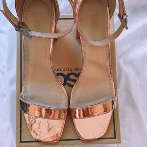 ASOS HAYDEN BLOCK HEELED SANDALS: NUDE METALLIC